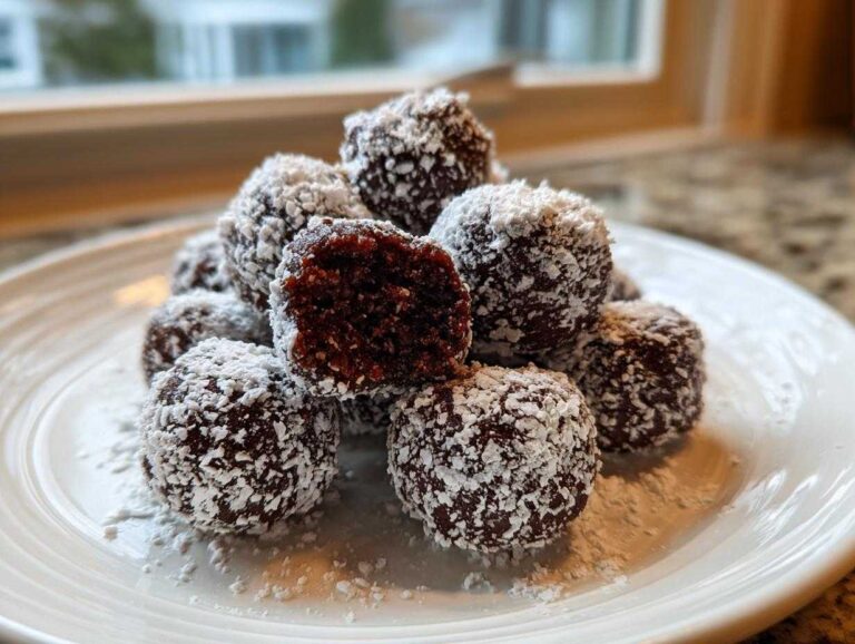 A close-up of several dark chocolate bourbon balls stacked on a white plate, heavily coated in shredded coconut.