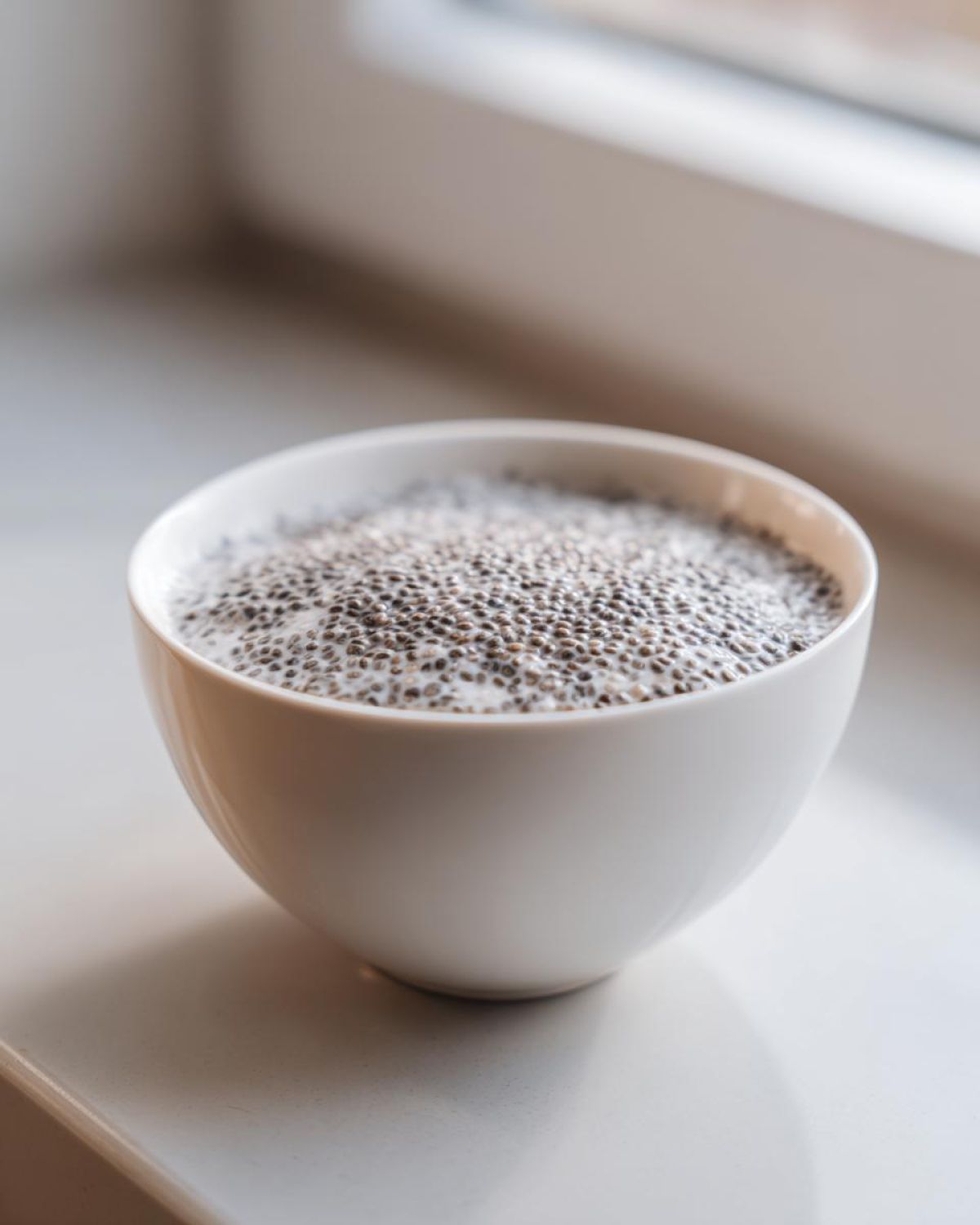 Close-up of chia seeds soaking in liquid, the base for coconut chia pudding, in a white bowl.