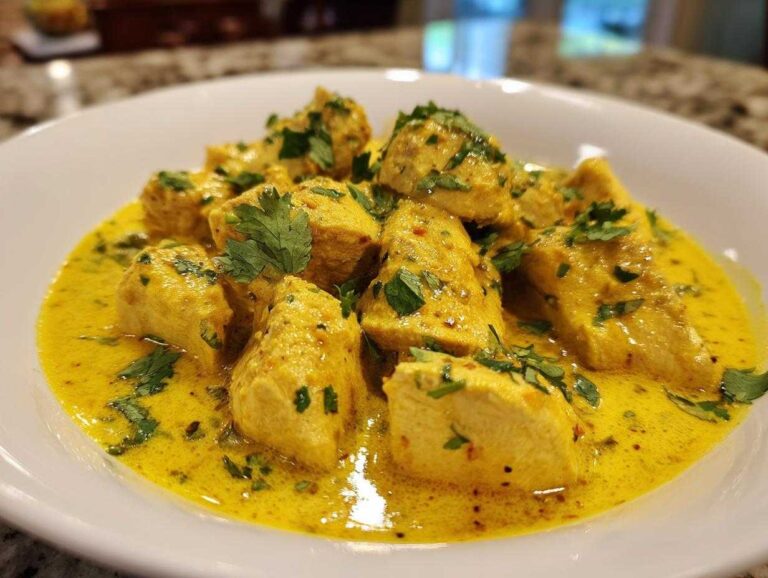 Close-up of tender pieces of coconut chicken served in a rich, yellow, creamy sauce and garnished with fresh cilantro.