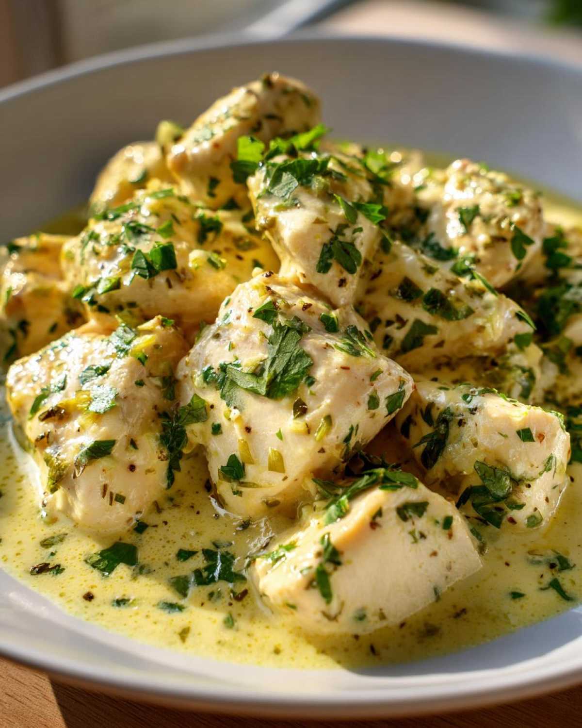 Close-up of tender chunks of coconut lime chicken bathed in a creamy, yellow-green sauce and topped with fresh parsley.