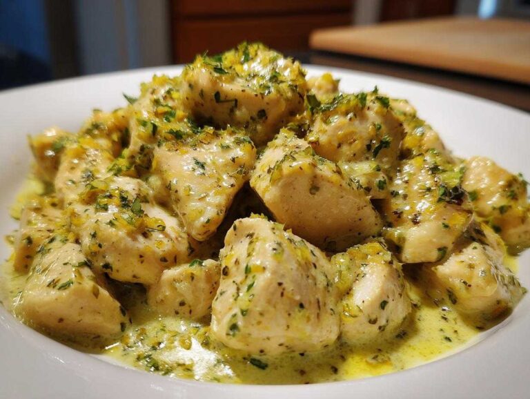 Close-up of tender chicken pieces coated in a creamy, bright sauce, garnished with lime zest and herbs for coconut lime chicken.
