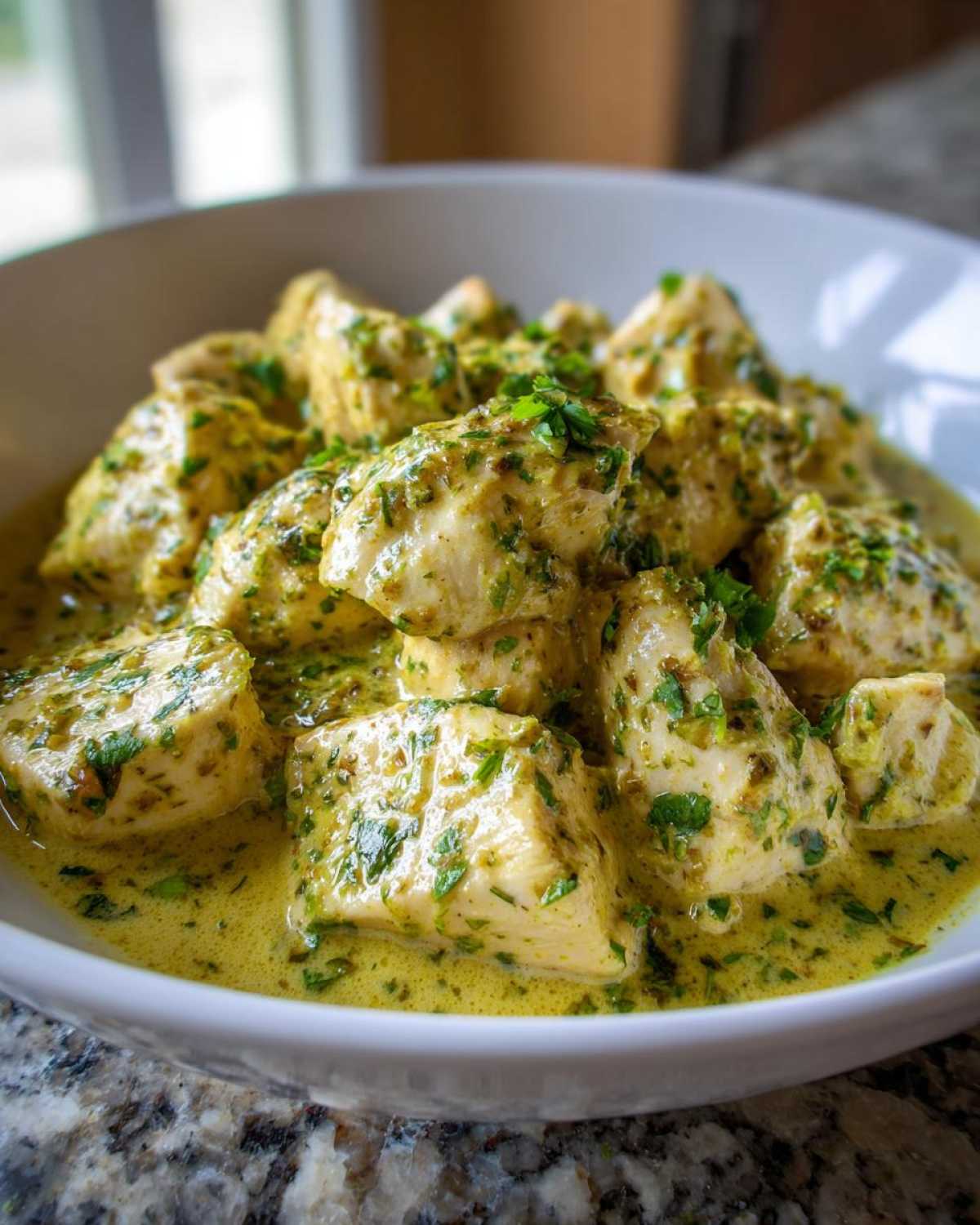Cubes of tender coconut lime chicken coated in a vibrant, creamy yellow-green sauce and garnished with fresh herbs.