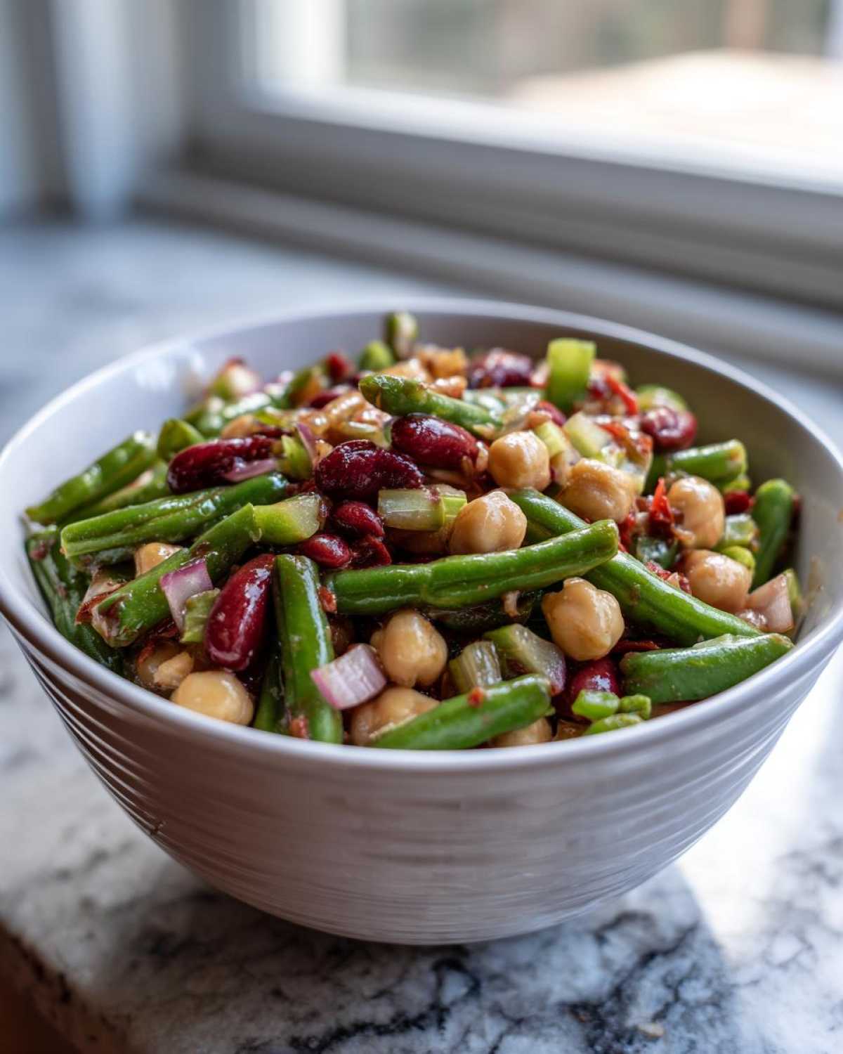 Close-up of a vibrant bean salad featuring green beans, kidney beans, and chickpeas in a white bowl.