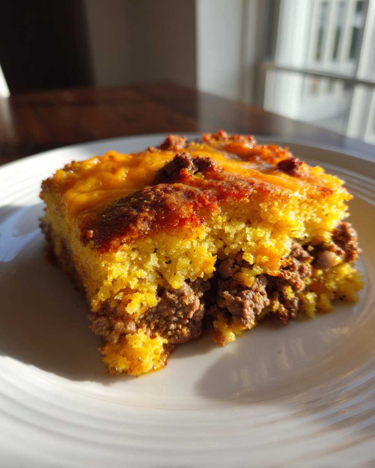 A close-up of a hearty slice of cowboy cornbread casserole showing layers of yellow cornbread and seasoned ground meat.