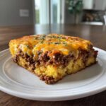 A square slice of cowboy cornbread casserole featuring a layer of seasoned ground beef topped with melted cheddar cheese and parsley.