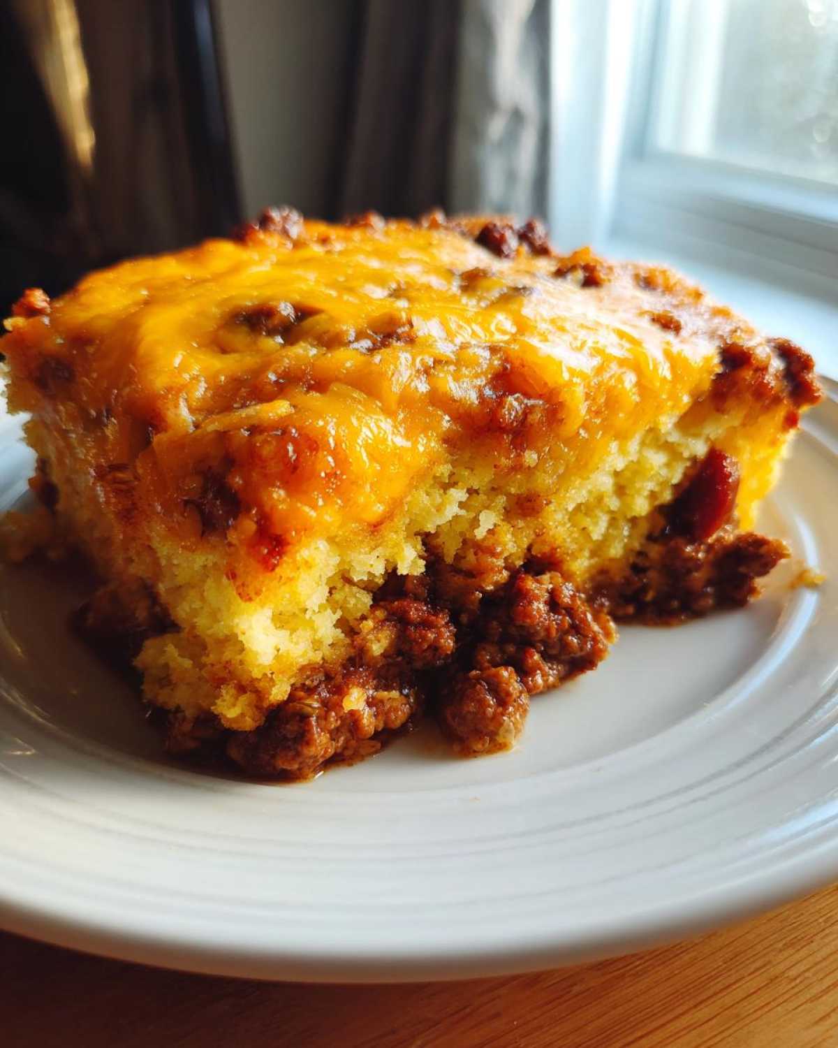 A close-up slice of cowboy cornbread casserole featuring a layer of chili and melted cheddar cheese on top.