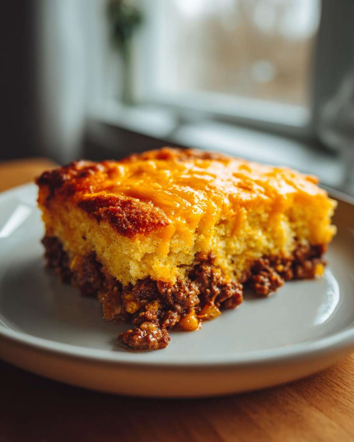 A close-up slice of cowboy cornbread casserole featuring a thick layer of seasoned ground meat topped with melted cheddar cheese.