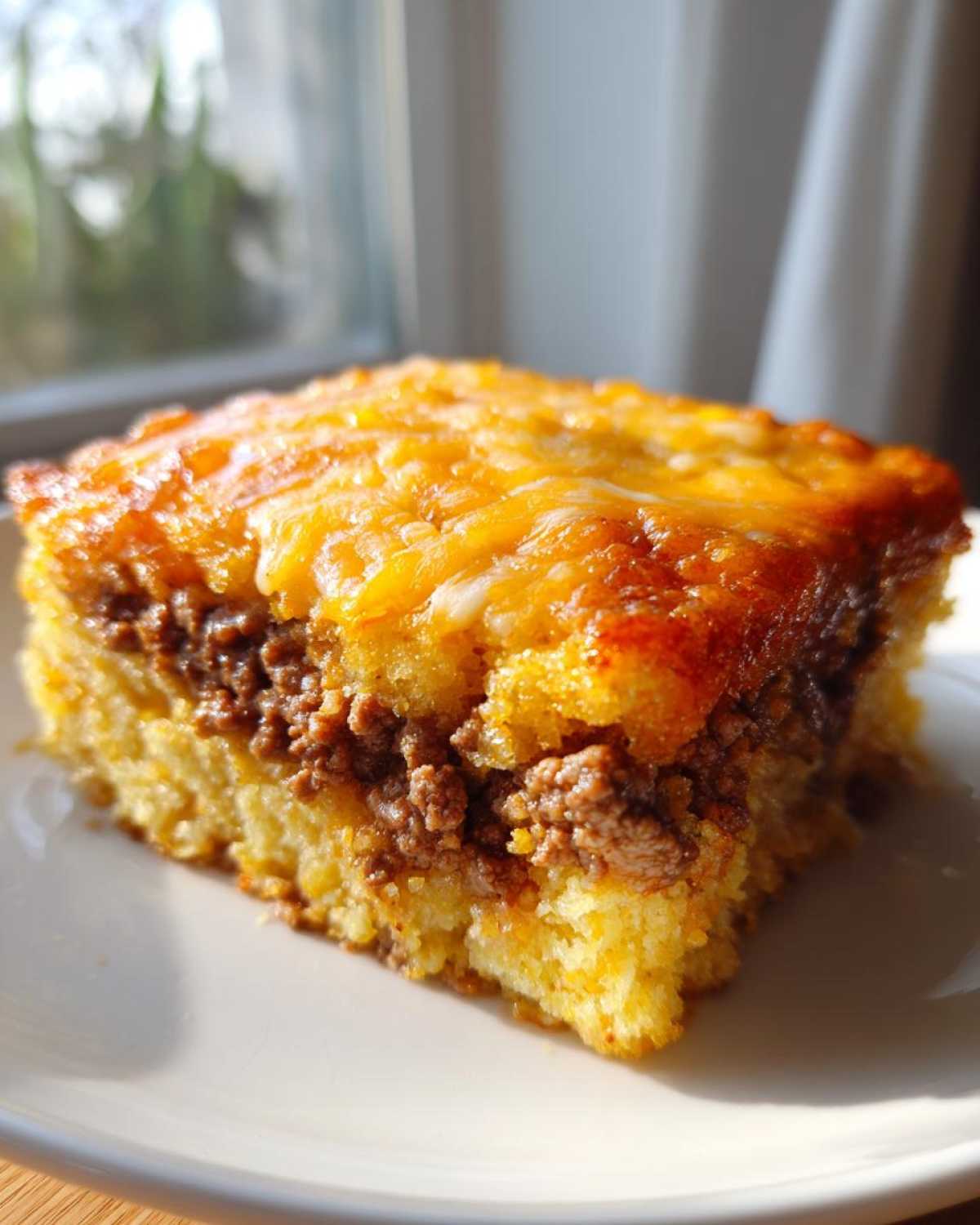 A close-up slice of cowboy cornbread casserole featuring a layer of seasoned ground meat between two layers of cornbread, topped with melted cheddar cheese.