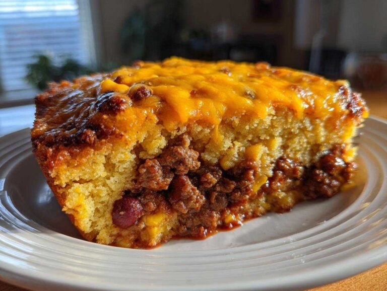 A close-up of a hearty slice of cowboy cornbread casserole with a chili meat layer and melted cheddar cheese topping.