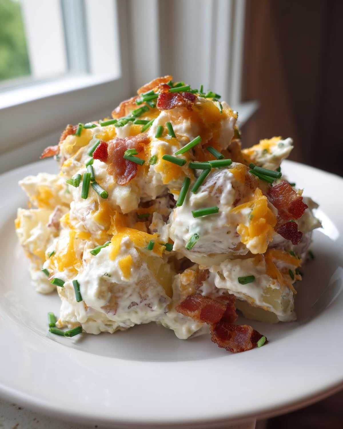 A mound of creamy baked potato salad topped with shredded cheddar cheese, bacon bits, and fresh chives.