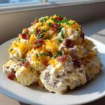 Close-up of a mound of creamy baked potato salad topped with shredded cheddar, bacon bits, and chives.