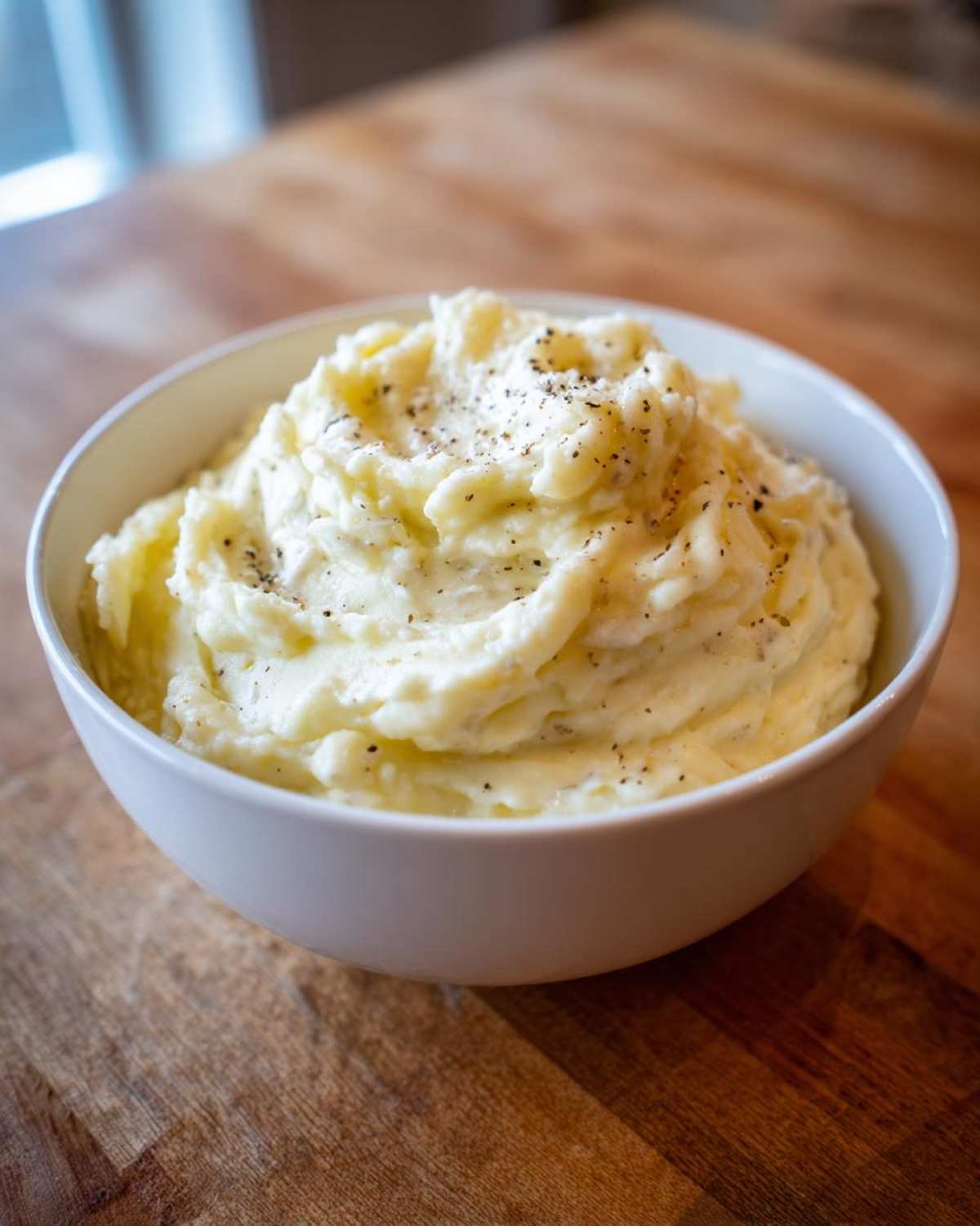 A close-up of creamy Boursin mashed potatoes topped with cracked black pepper in a white bowl.