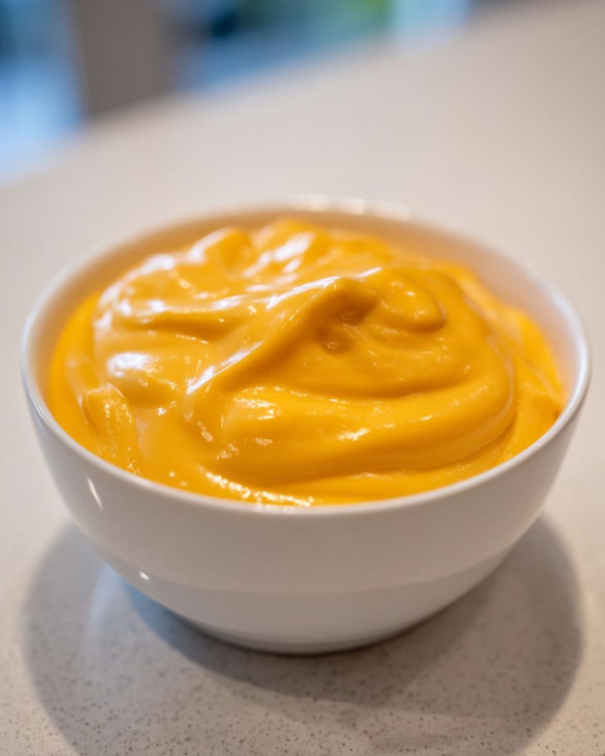 A close-up of a white bowl filled with thick, bright orange nacho cheese sauce.