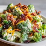 Close-up of creamy broccoli salad featuring fresh broccoli florets coated in dressing, topped with bacon bits, shredded cheddar, and dried cranberries.
