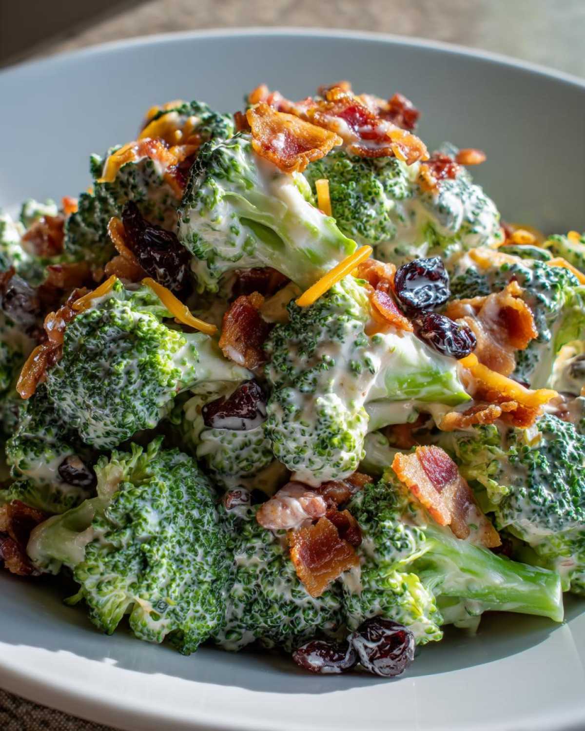 Close-up of creamy broccoli salad featuring fresh florets coated in dressing, topped with crispy bacon bits and dark raisins.