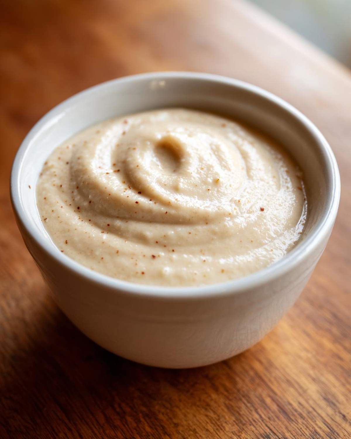 Close-up of a small white bowl filled with thick, creamy cauliflower soup, lightly dusted with pepper.