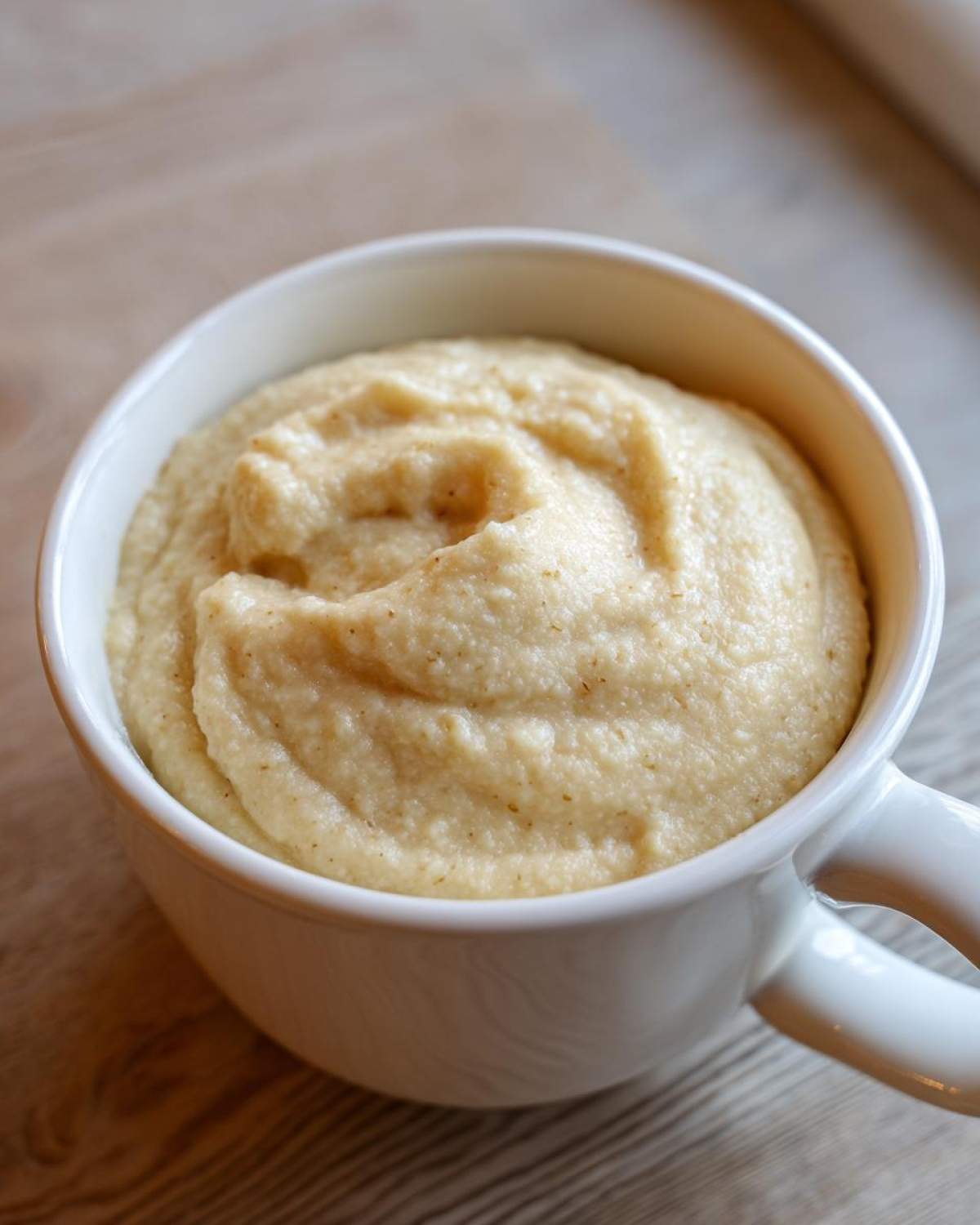 Close-up of thick, creamy cauliflower soup served in a white mug, showing a smooth, slightly textured surface.