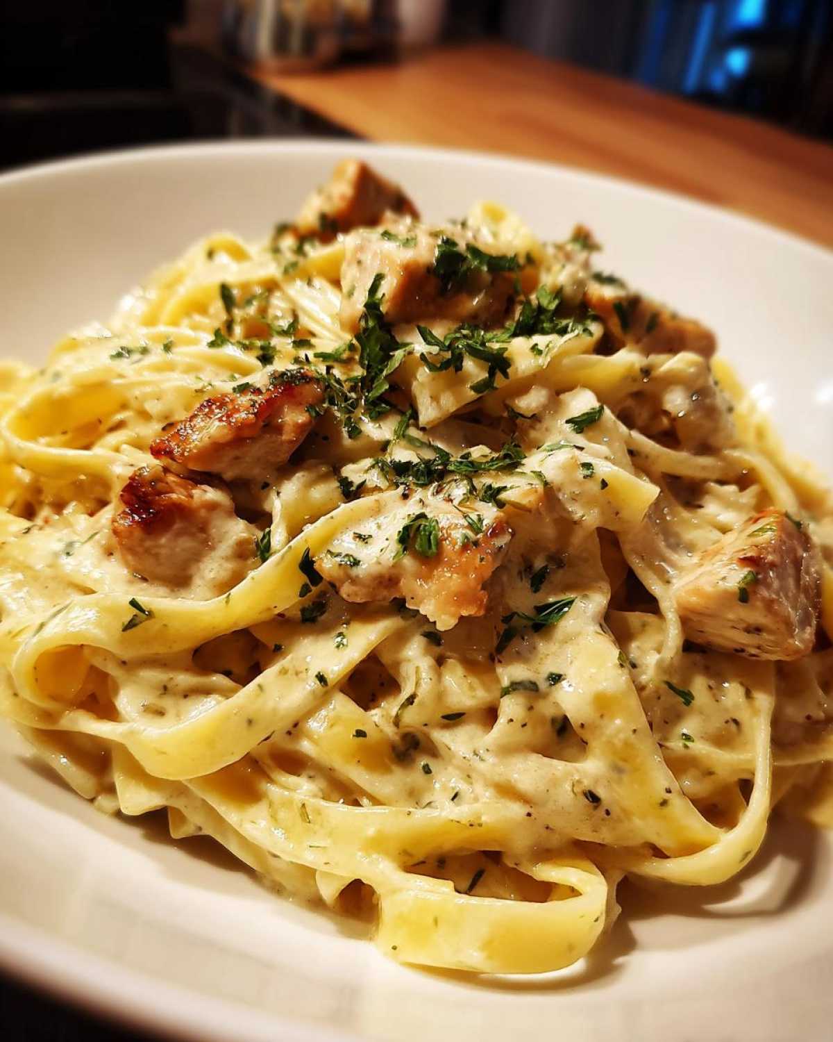 Close-up of a bowl of creamy chicken alfredo pasta, featuring fettuccine noodles and seared chicken pieces topped with parsley.