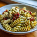 Close-up of a bowl of creamy chicken pesto pasta featuring rotini noodles and sun-dried tomatoes.