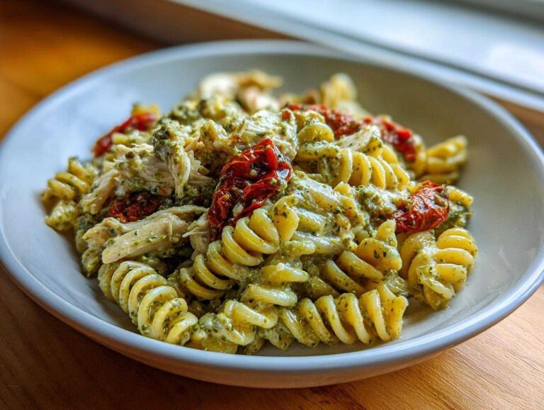 Close-up of a bowl of creamy chicken pesto pasta featuring rotini noodles and sun-dried tomatoes.