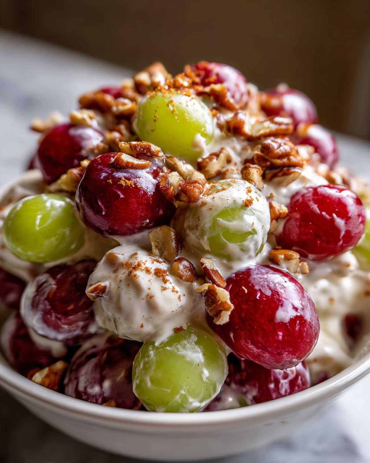 Close-up of a creamy chicken salad chick grape salad featuring red and green grapes coated in dressing, topped with pecans and cinnamon.