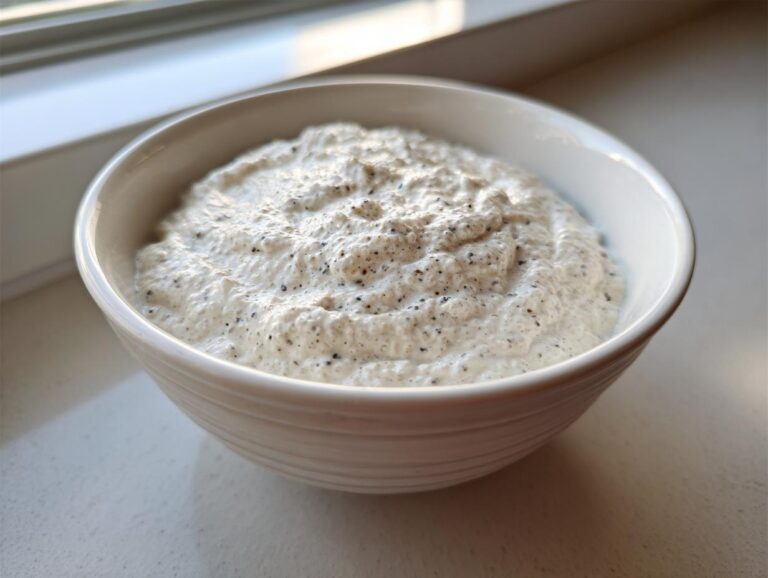 Close-up of creamy coconut chia pudding with visible black chia seeds in a white bowl.