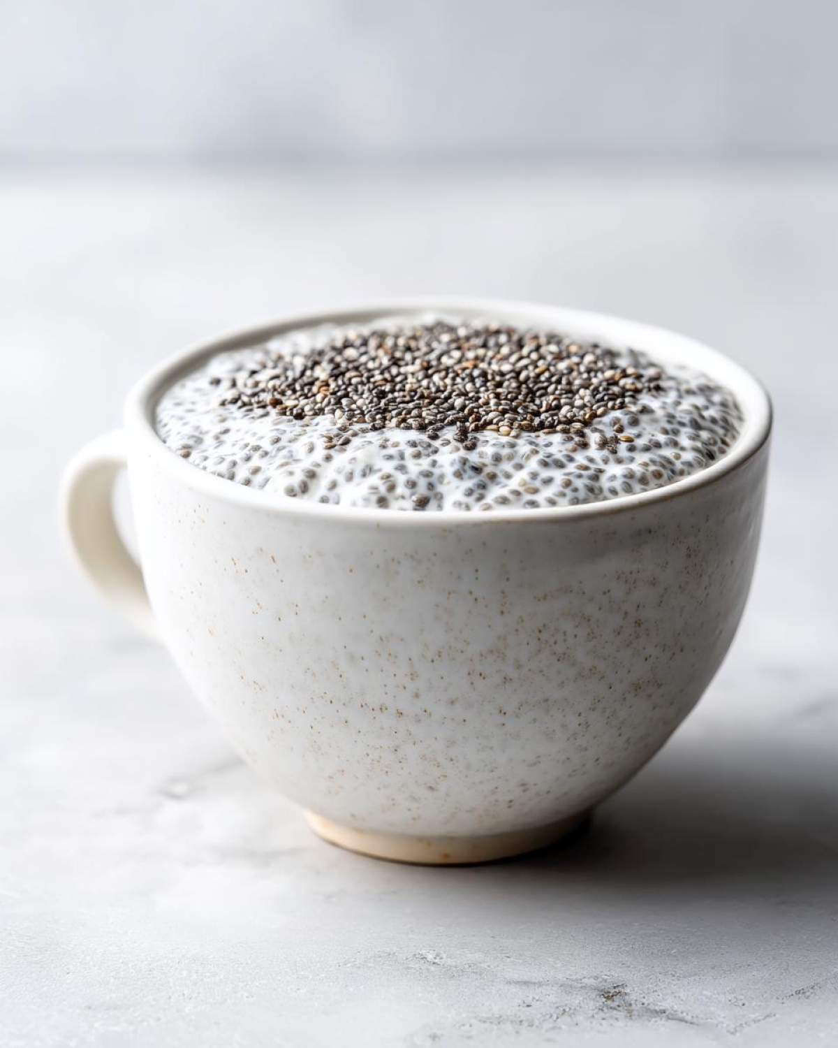 Close-up of creamy coconut chia pudding topped with dry chia seeds in a speckled white mug.