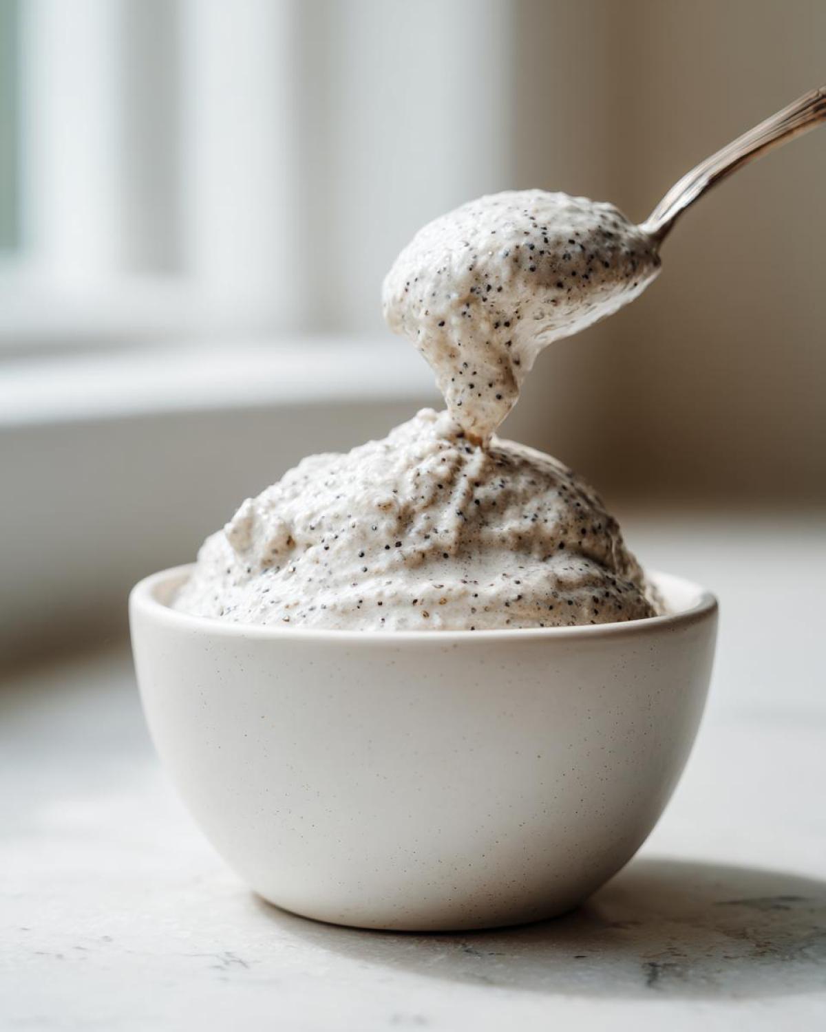 A spoonful of creamy coconut chia pudding being lifted from a white bowl, showing the speckled texture.