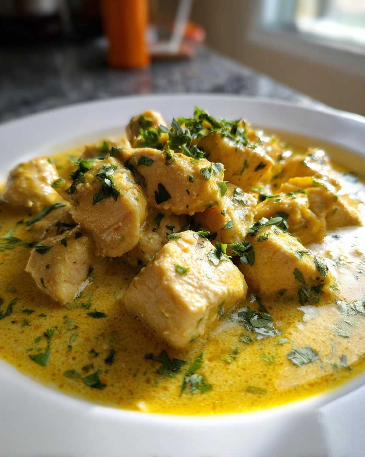 A close-up shot of tender chunks of coconut chicken served in a rich, yellow, creamy sauce and garnished with fresh chopped parsley.