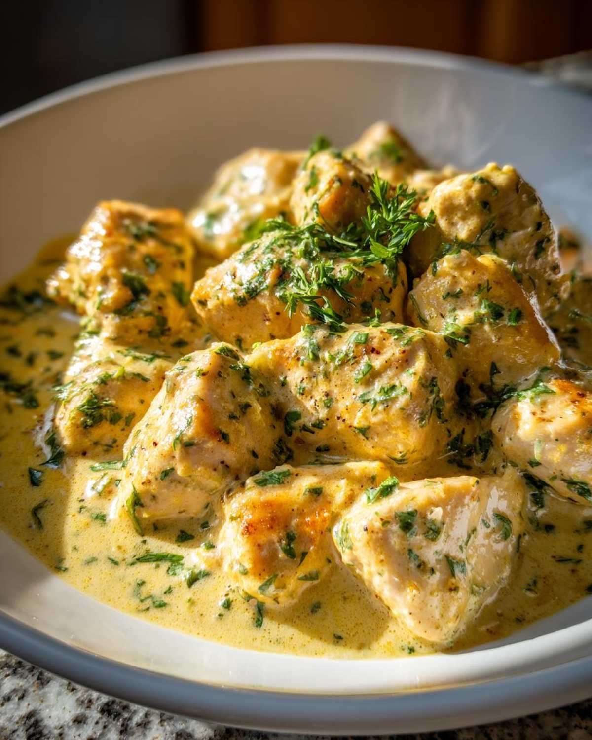 Close-up of tender chicken pieces coated in a rich, creamy sauce, garnished with fresh parsley, perfect for coconut lime chicken.