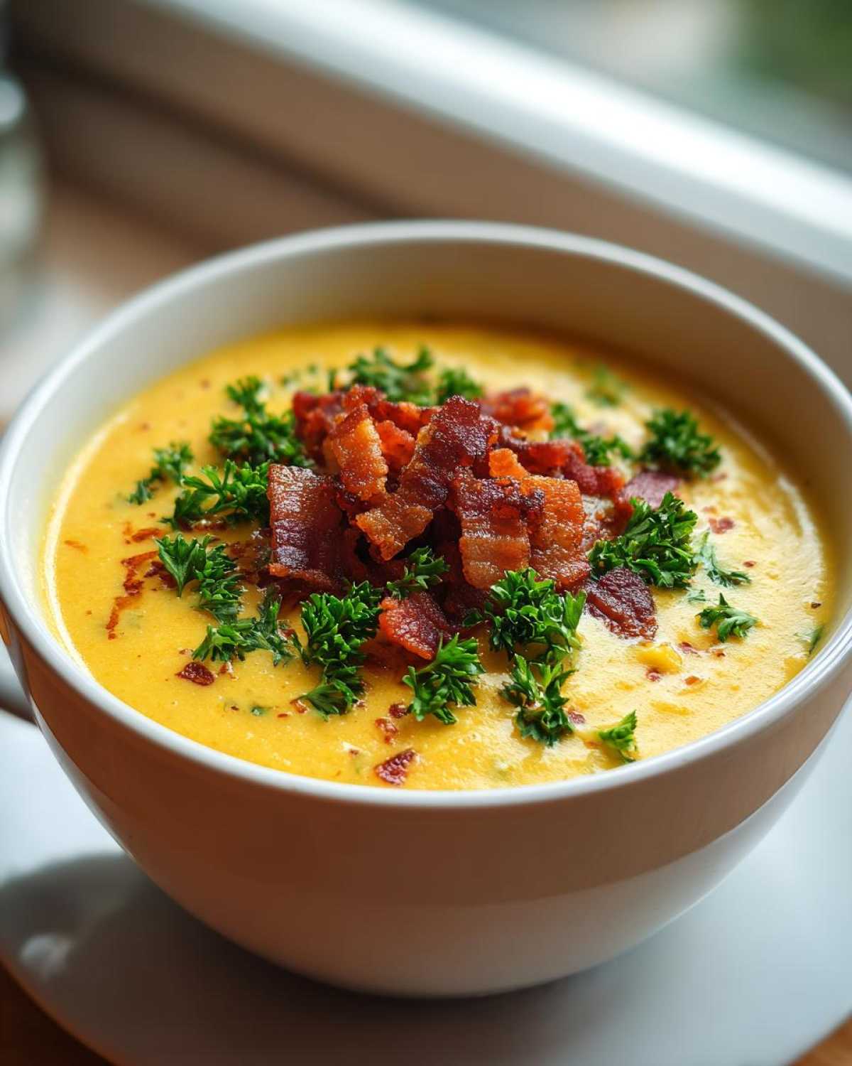 Close-up of a white bowl filled with rich, yellow creamy corn chowder, topped with crispy bacon bits and fresh parsley.