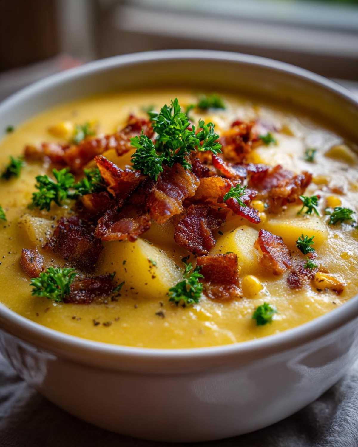Close-up of a bowl of rich, yellow creamy corn chowder topped with crispy bacon bits and fresh parsley.