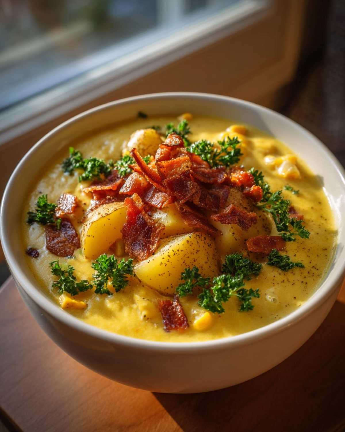 A close-up of a bowl of rich, yellow creamy corn chowder topped with chunks of potato, crispy bacon, and fresh parsley.