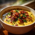 Close-up of a bowl of rich, yellow creamy corn chowder topped generously with crispy bacon bits and fresh parsley.