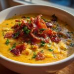 Close-up of a bowl of rich, yellow creamy corn chowder topped generously with crispy bacon pieces and fresh parsley.