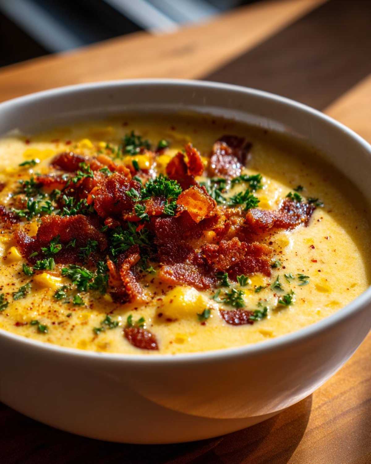A close-up of rich, yellow creamy corn chowder topped generously with crispy bacon bits and fresh parsley.