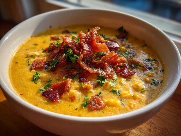 Close-up of a bowl of rich, yellow creamy corn chowder topped generously with crispy bacon pieces and fresh parsley.