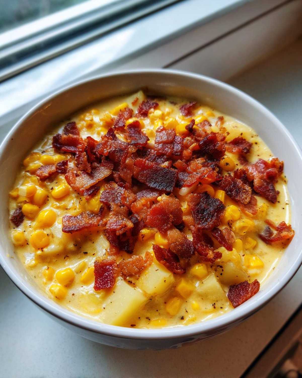 A close-up of a creamy corn chowder recipe bowl, loaded with yellow corn, potato chunks, and topped generously with crispy bacon bits.