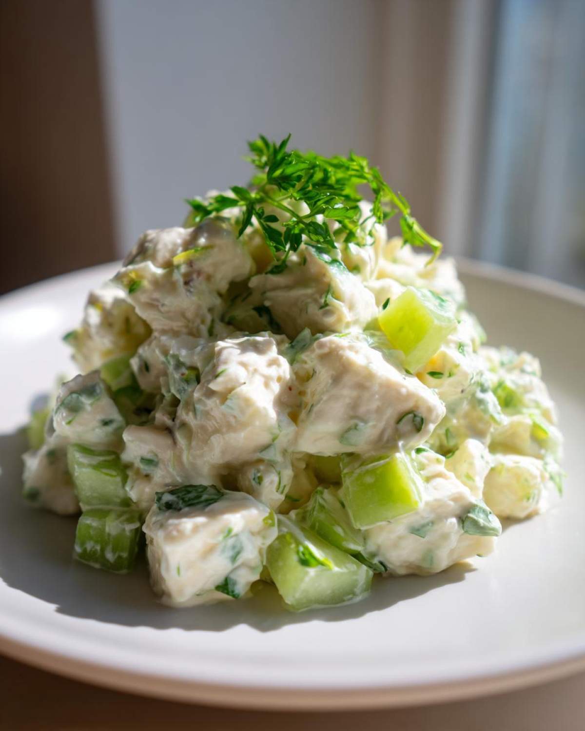 A mound of creamy crab salad mixed with bright green celery chunks, garnished with fresh dill.