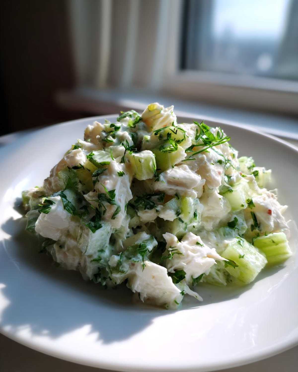 A close-up of a mound of creamy crab salad mixed with chopped celery and fresh green herbs on a white plate.