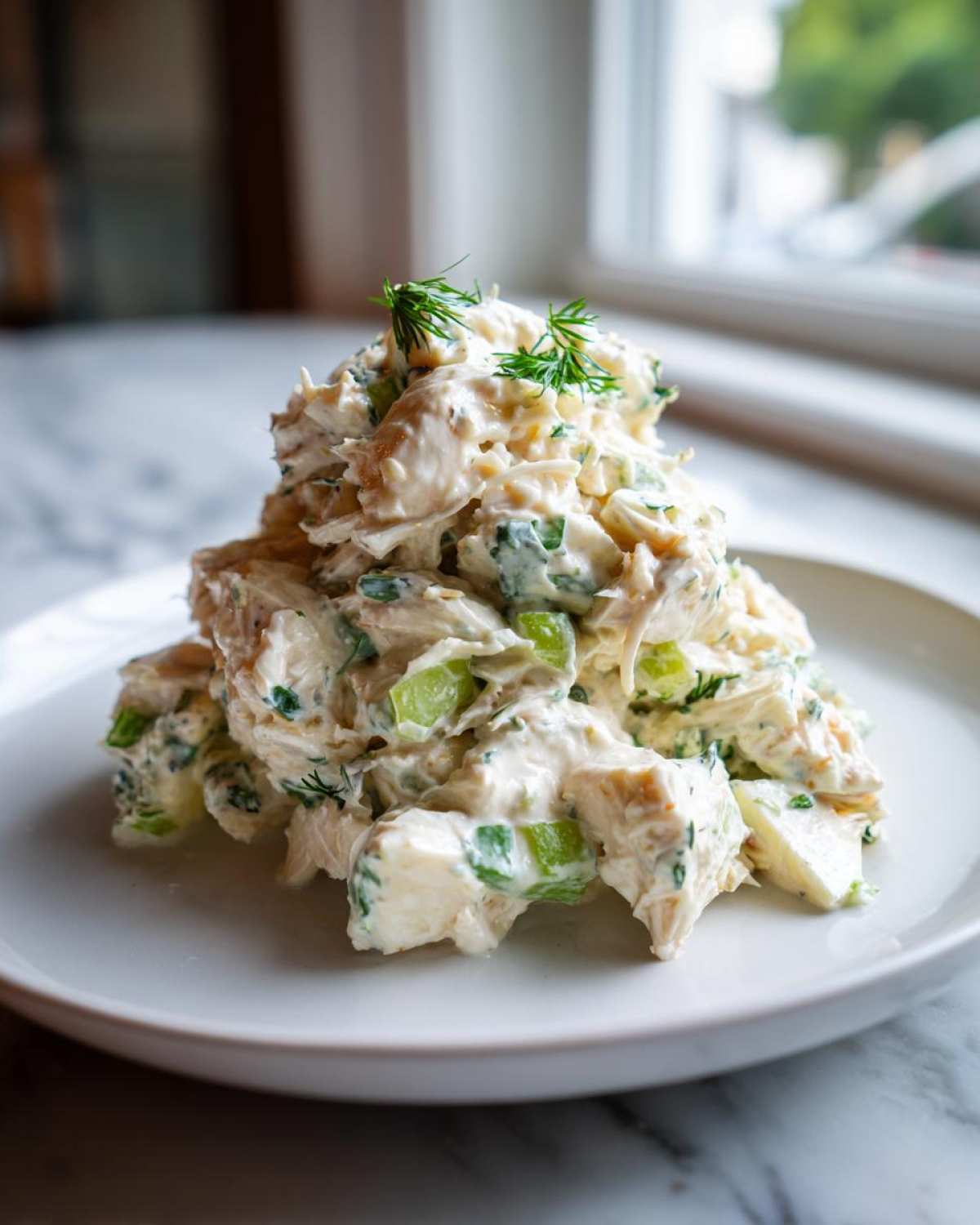 A mound of creamy crab salad mixed with chopped celery and topped with fresh dill sprigs.