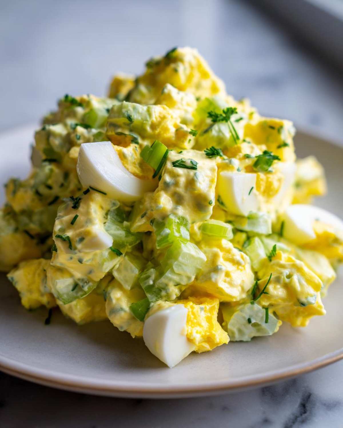 A mound of creamy egg salad recipe mixed with chopped celery and topped with fresh herbs, served on a light plate.