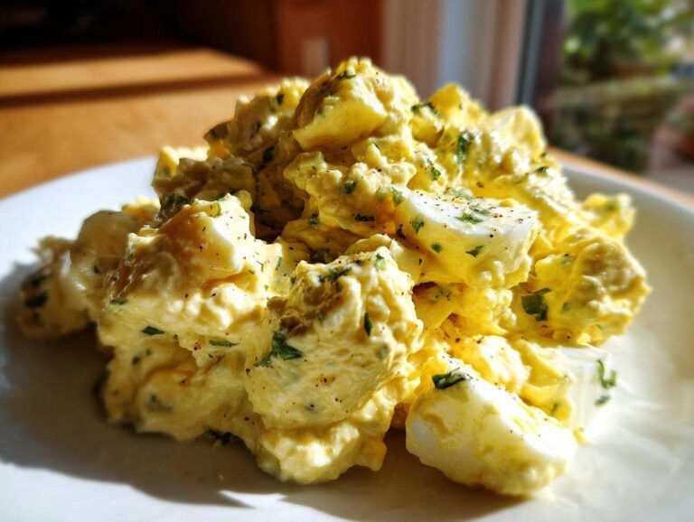 A close-up, brightly lit serving of creamy egg salad recipe, featuring visible chunks of egg white and yellow yolk mixed with herbs and pepper.