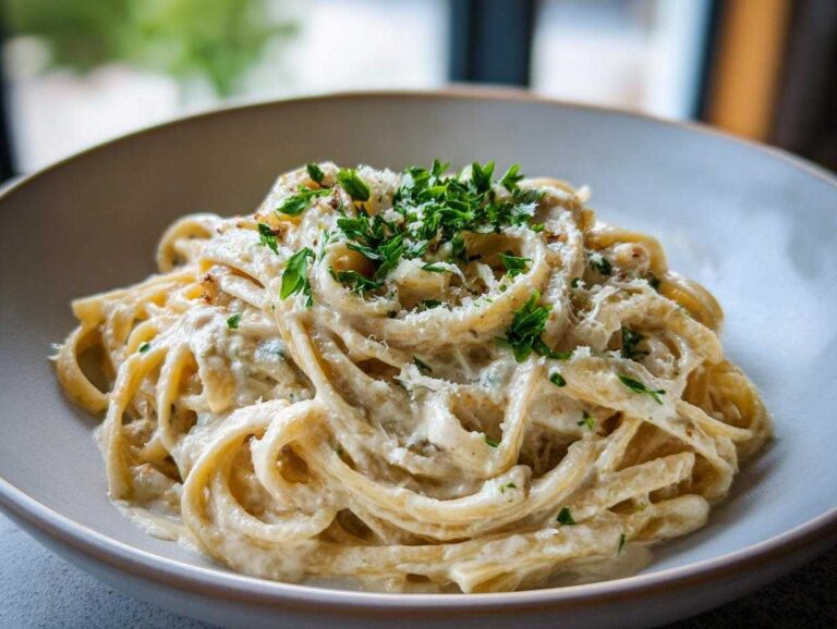 Close-up of creamy pasta coated in sauce, topped with grated cheese and fresh parsley, highlighting the garlic parmesan flavor.