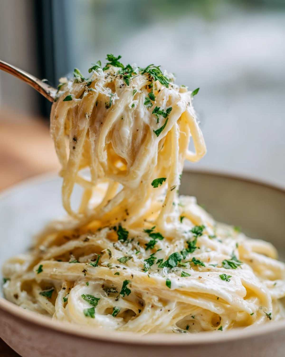 A fork lifting creamy pasta coated in sauce, garnished with parsley and cheese, showcasing the garlic parmesan flavor.