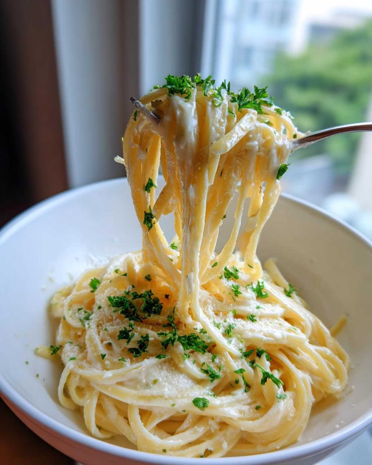 Close-up of creamy garlic parmesan pasta being lifted high on a fork from a white bowl, topped with fresh parsley.
