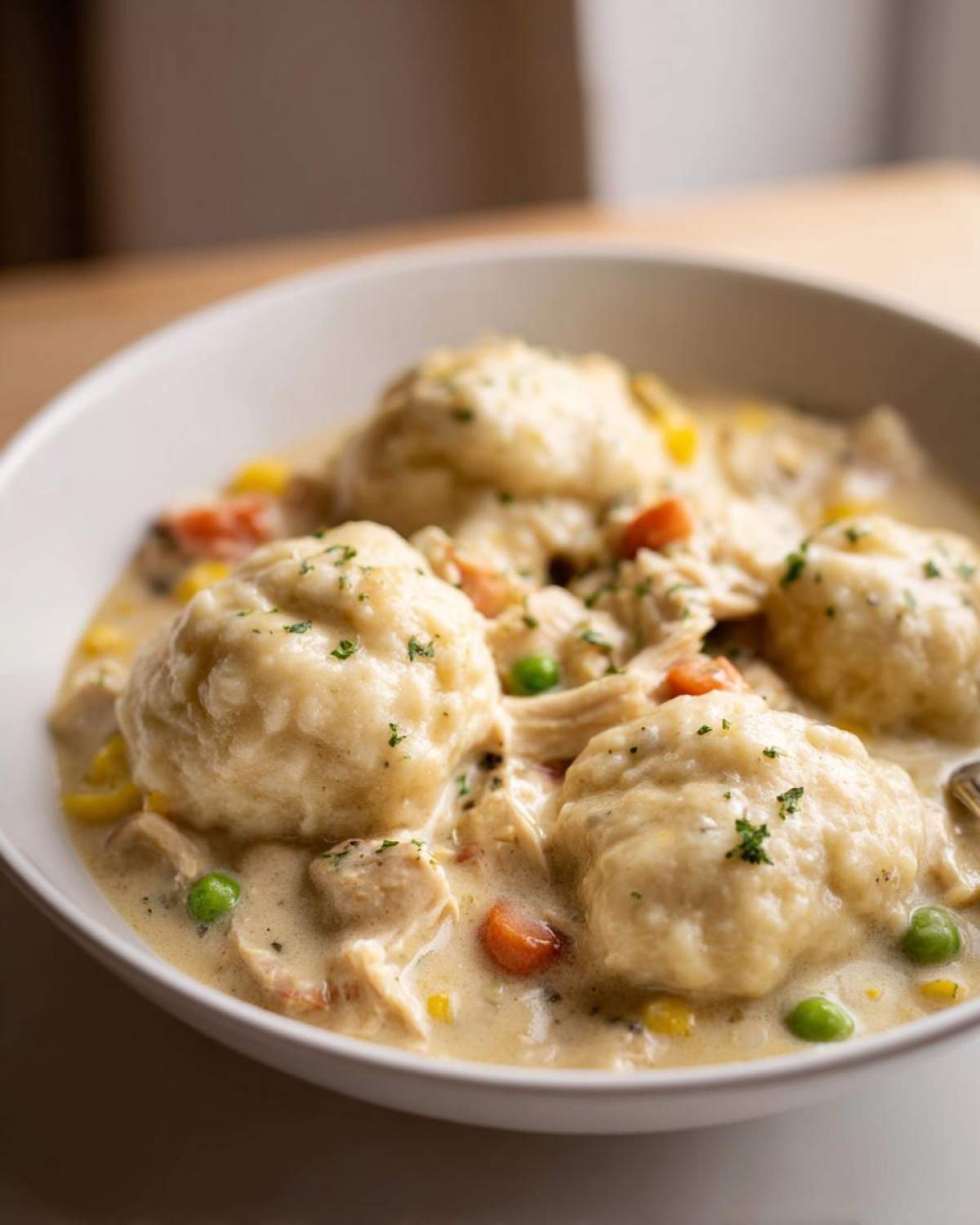 Close-up of creamy gluten free chicken and dumplings topped with parsley in a white bowl.