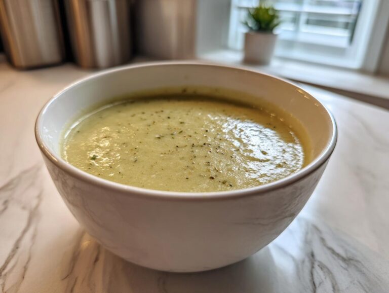 A close-up of a white bowl filled with creamy, pale green leek soup, seasoned with pepper.