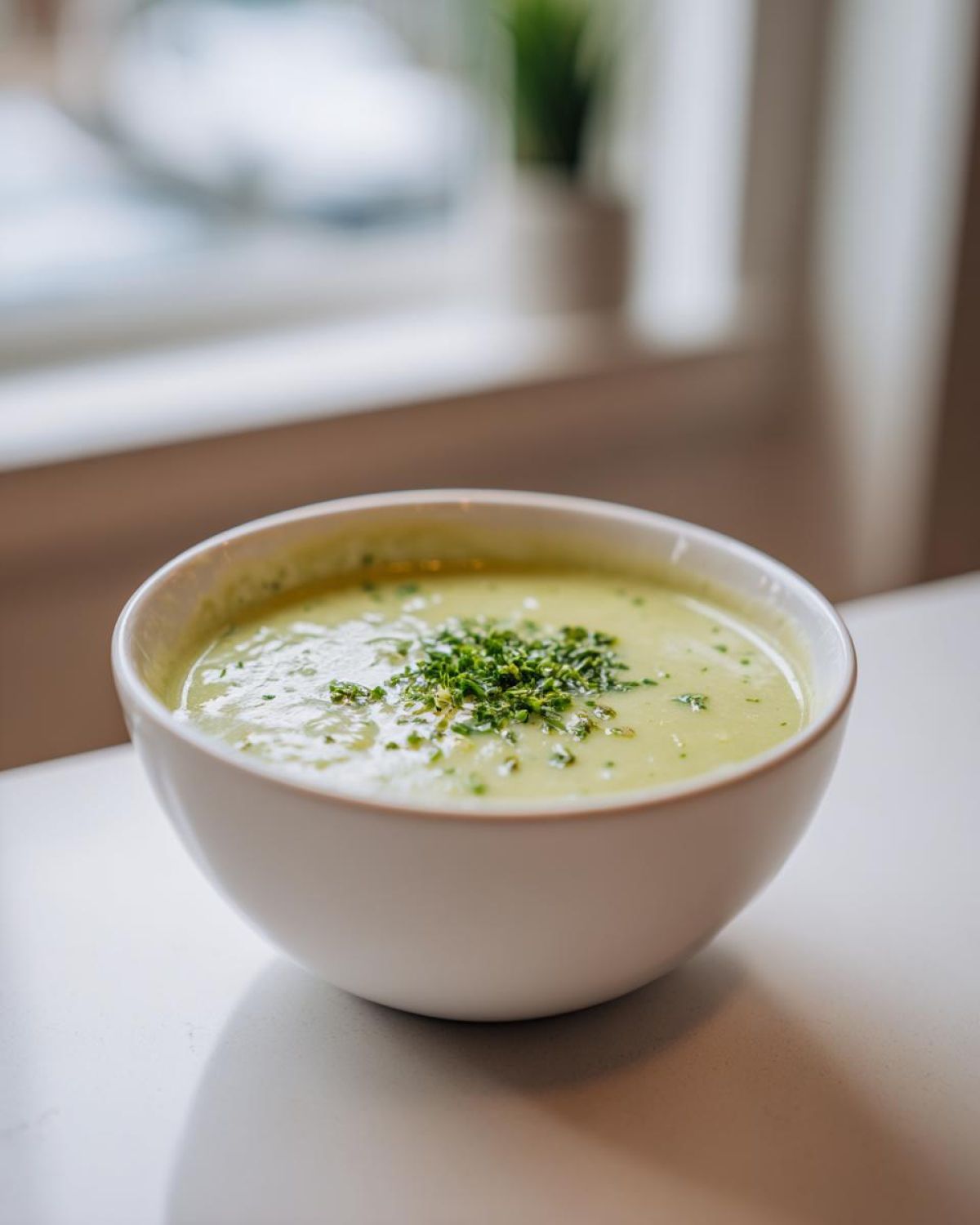 A white bowl filled with creamy leek soup, topped with finely chopped green herbs, sitting on a light surface.