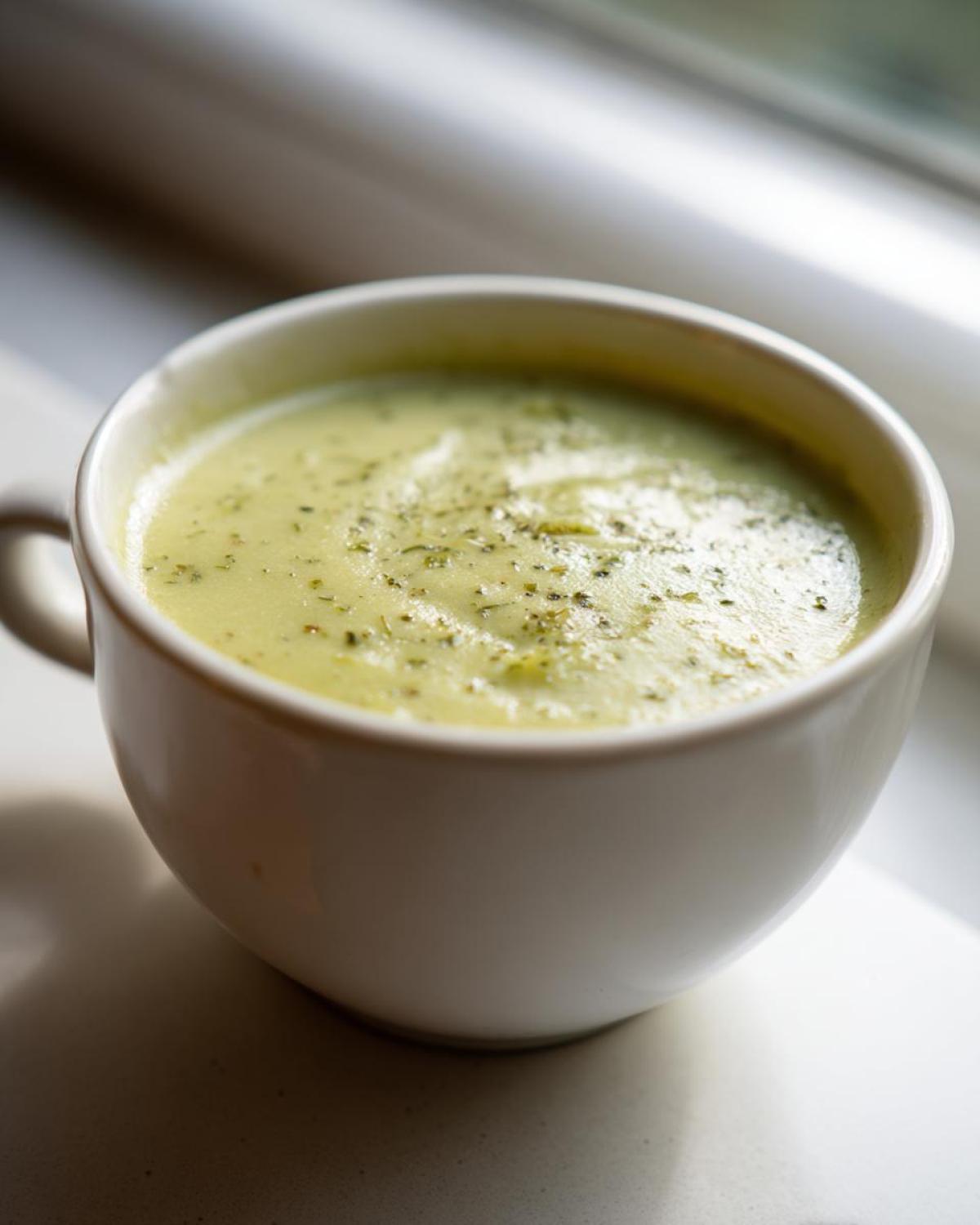 Close-up of creamy leek soup in a white mug, garnished with dried herbs.